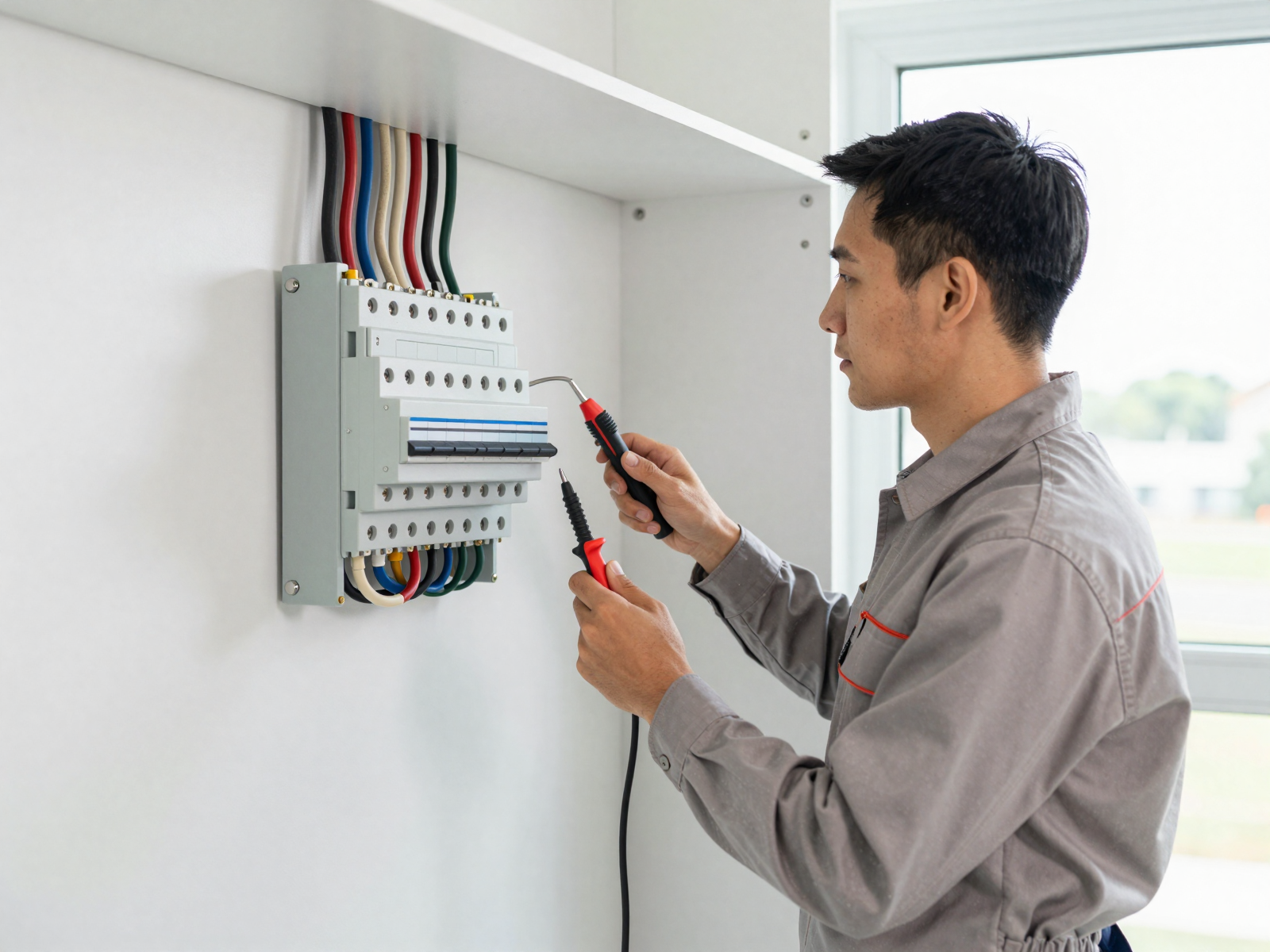 Electrician installing breaker panel